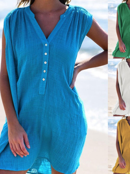 Damen Sommerliches Strandkleid mit kurzer Knopfleiste und V-Ausschnitt R&B