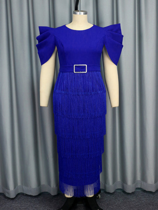 Damen Elegantes Fransen-Maxikleid mit voluminösen Puffärmeln R&B