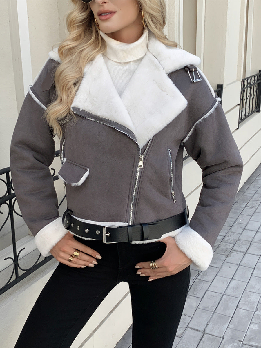 Damen modische jacke mit Kunstfellkragen und Gürtel R&B