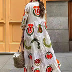 Damen Langarm-Teilkaro Kleid mit floralen Stickereien R&B
