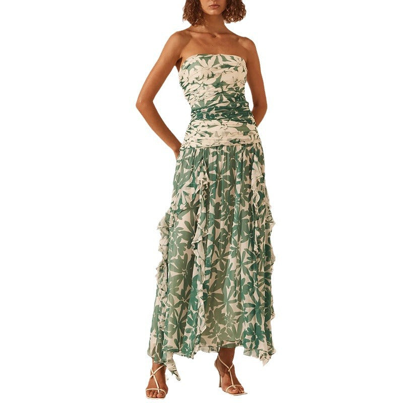 Damen schulterfreies Maxikleid mit Rüschendetails und floralem Muster R&B