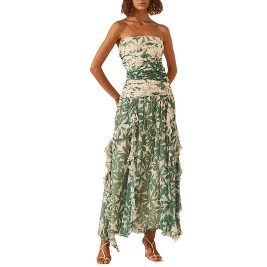 Damen schulterfreies Maxikleid mit Rüschendetails und floralem Muster R&B