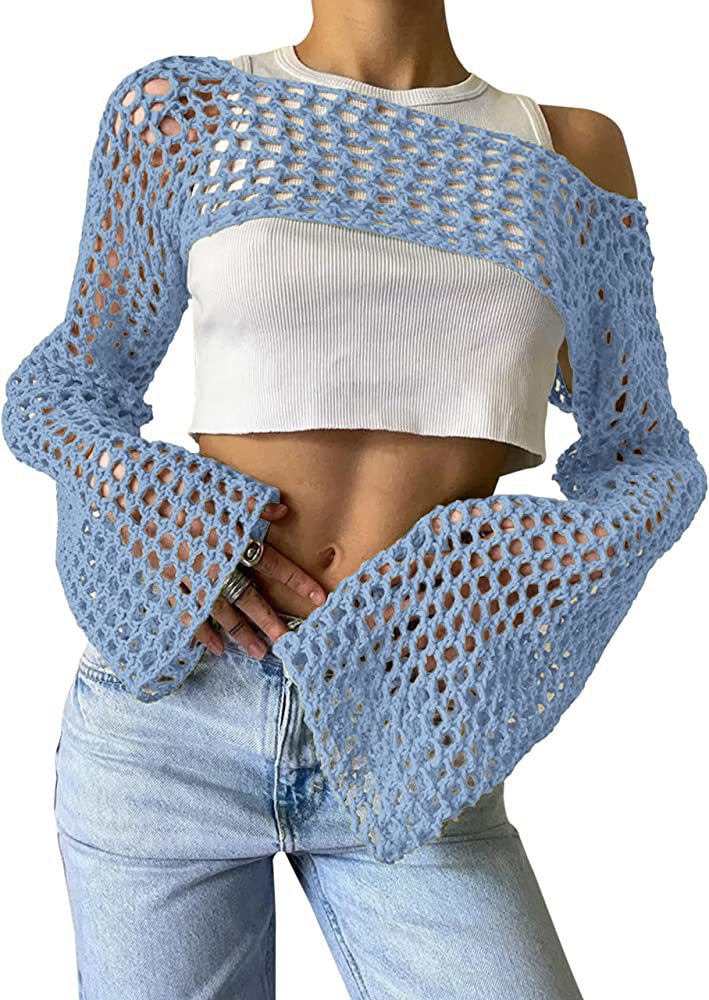 Damen gehäkeltes Langarm-Top mit Off-Shoulder-Design R&B