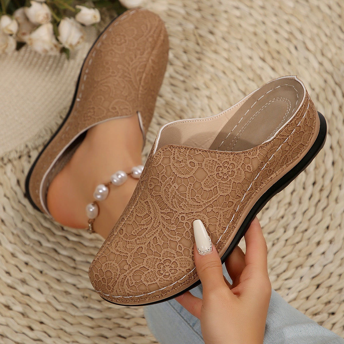 Damen Clogs mit floralen Spitzen und rutschfester Sohle R&B