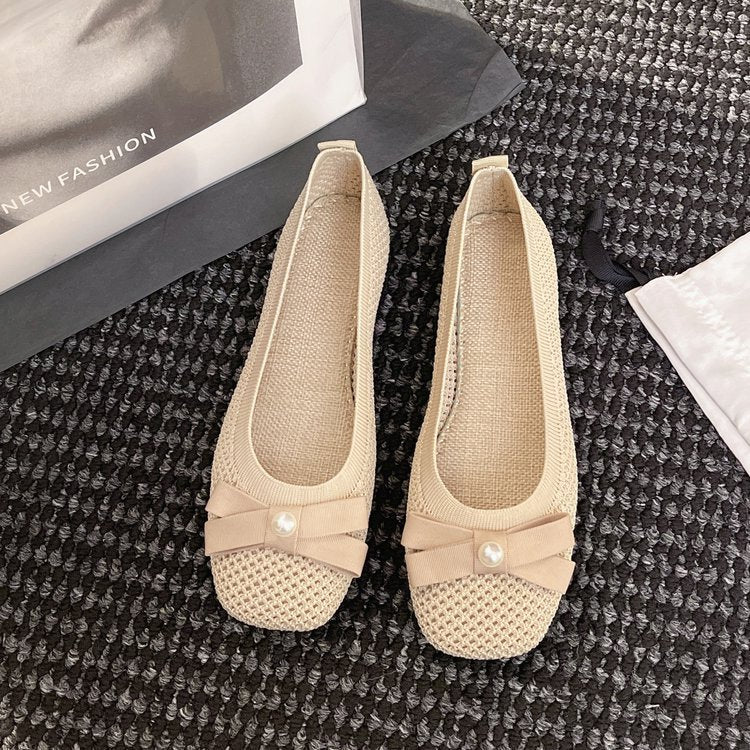 Damen elegante Ballerinas mit zierlichem Schleifen- und Perlenschmuck R&B