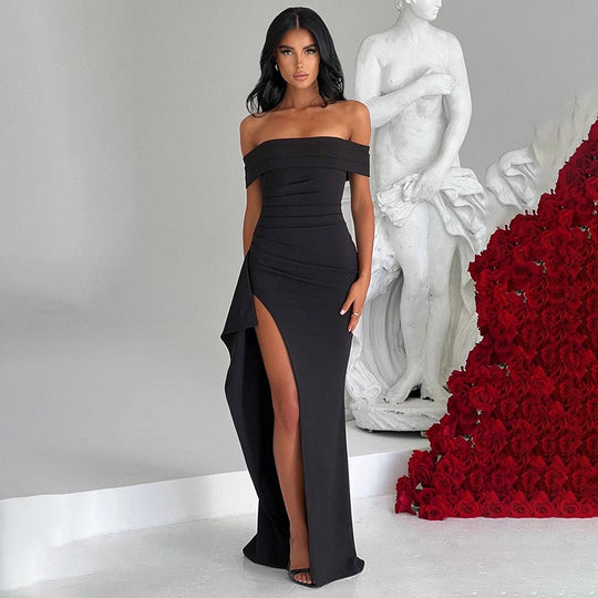 Damen Elegantes Off-Shoulder Maxikleid mit hohem Schlitz und Drapierungen R&B