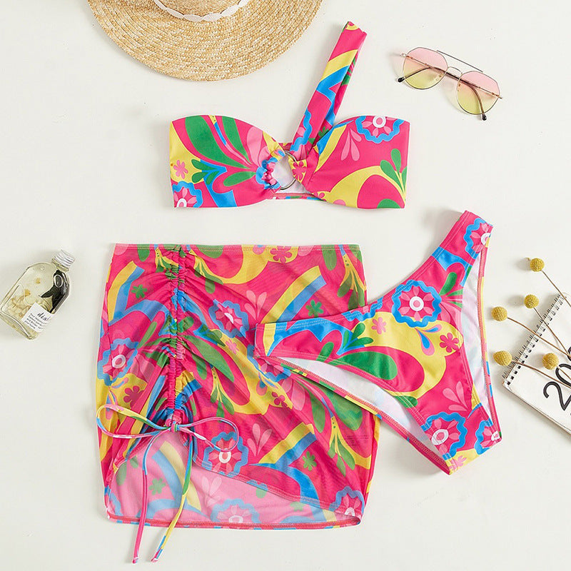 Damen Bunt bedrucktes Bikini-Set mit elegantem Wickelrock und verstellbaren Trägern R&B