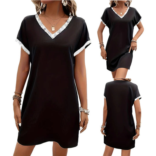 Damen lässiges V-Ausschnitt Kleid mit dekorativem Saum R&B