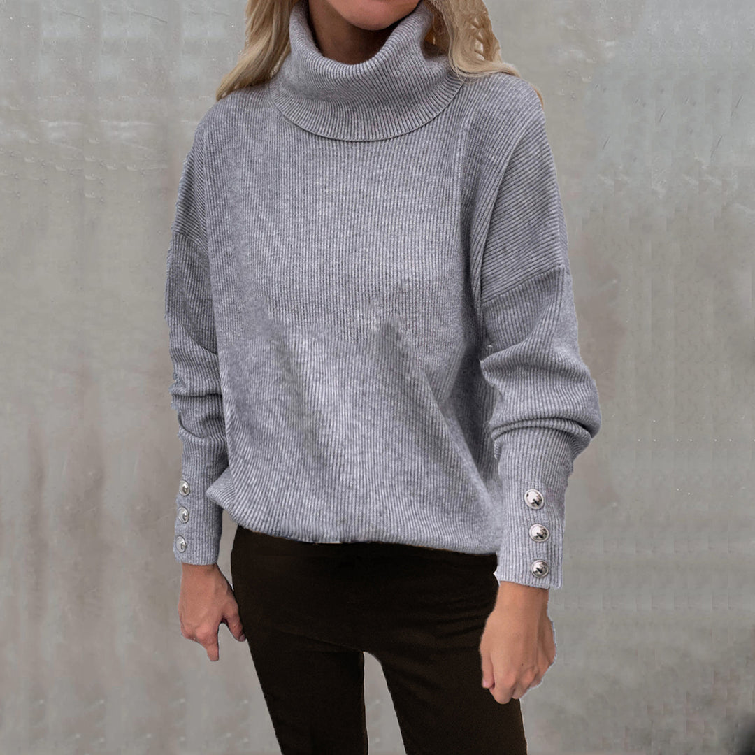 Damen Grobstrickpullover mit Rollkragen und Knopfdetail R&B