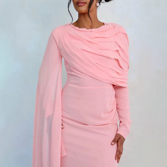 Damen Glamouröses Langarmkleid mit drapiertem Oberteil und fließendem Schnitt R&B