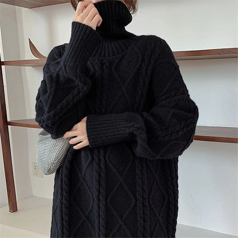Damen Langer Strickpullover mit dickem Zopfmuster und Stehkragen R&B