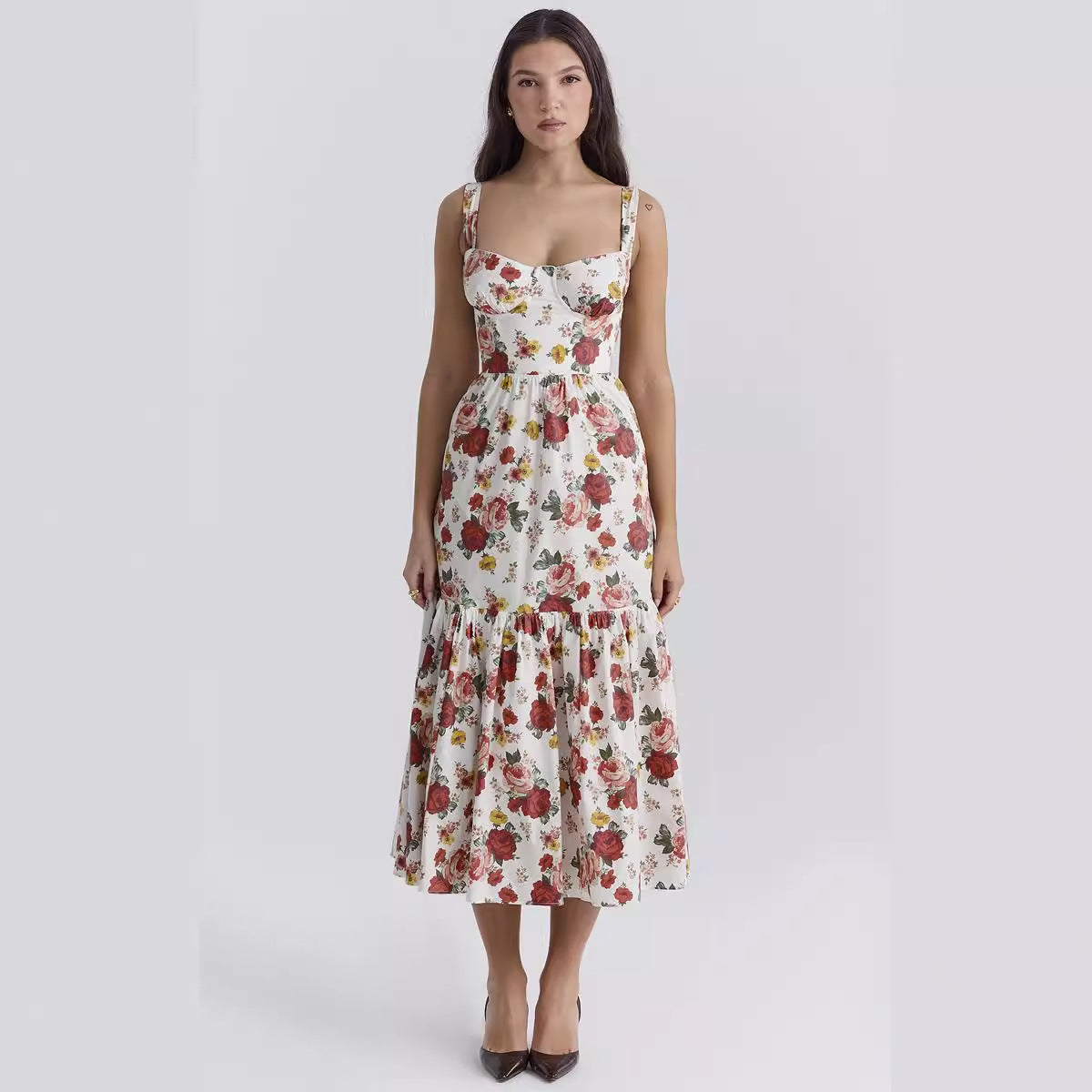 Damen Maxikleid mit floralem Print und voluminösem Rock R&B