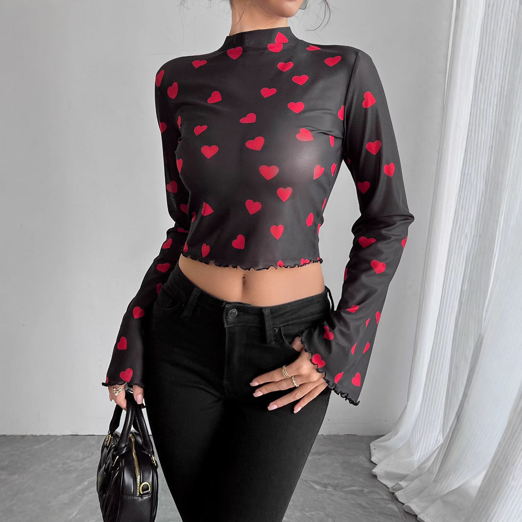 Damen nan transparentes Paisley-Netz-Kurzoberteil mit Stehkragen, Trompetenärmeln und gewelltem Saum R&B