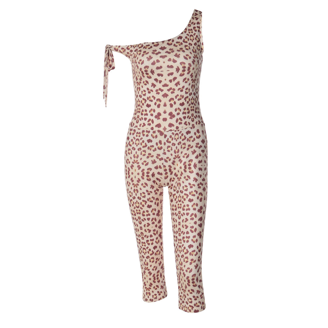Damen trendiger Einteiler mit asymmetrischem Ausschnitt und Leoprint R&B