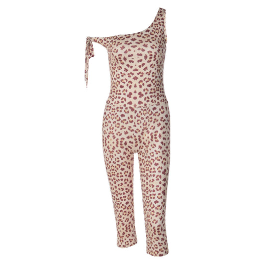 Damen trendiger Einteiler mit asymmetrischem Ausschnitt und Leoprint R&B