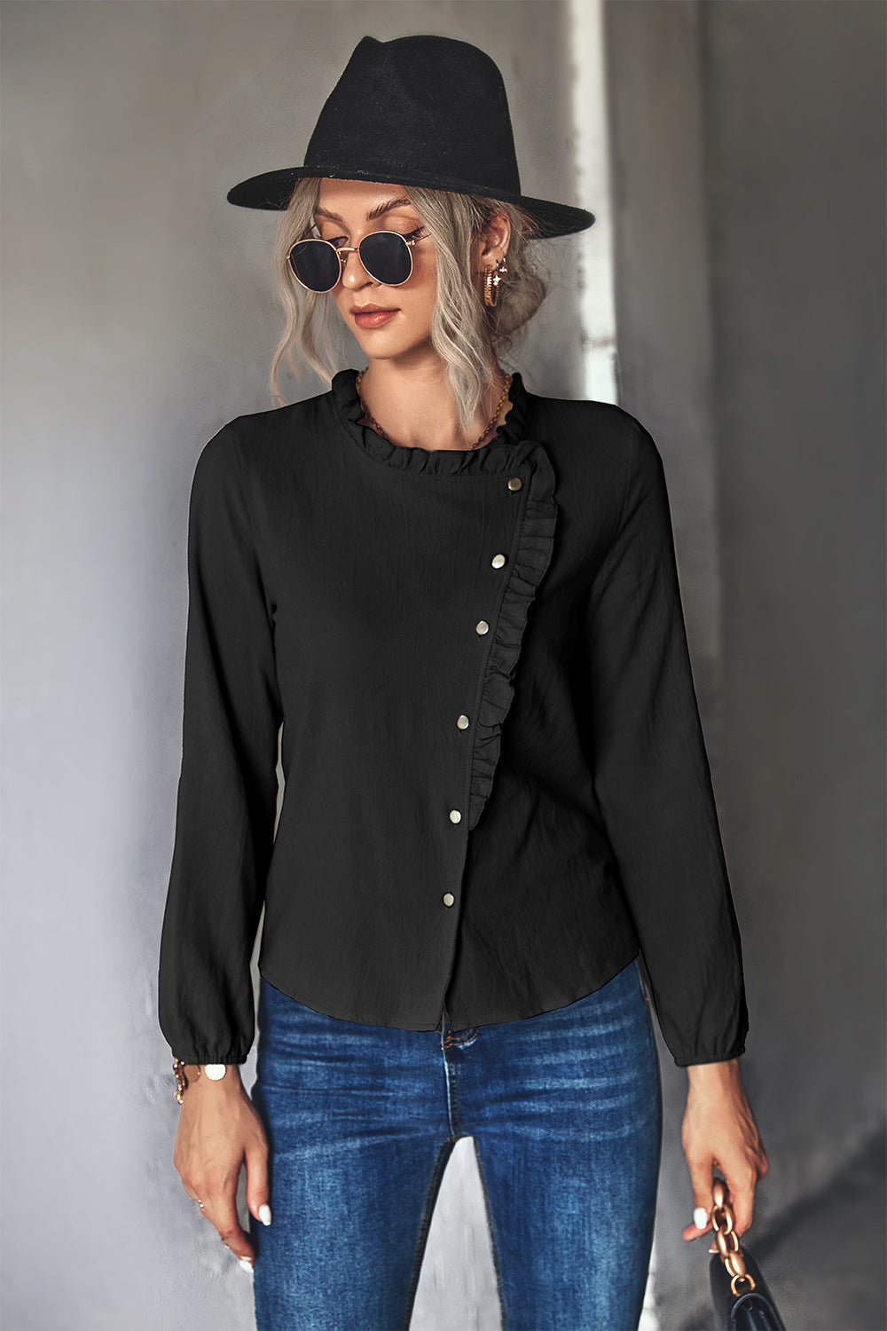 Damen Bluse mit Rüschendetails und dekorativer Knopfleiste R&B