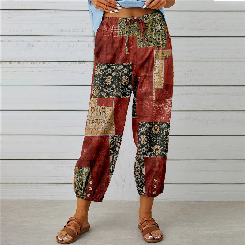 Damen lässige Pant mit floralem Druck und praktischen Knöpfen R&B