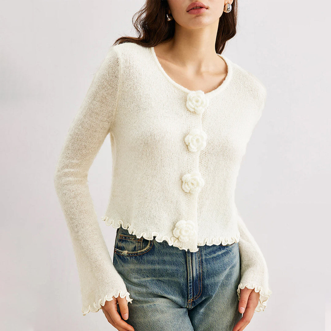 Damen kurze Strickjacke mit dekorativem Blumenknopf R&B