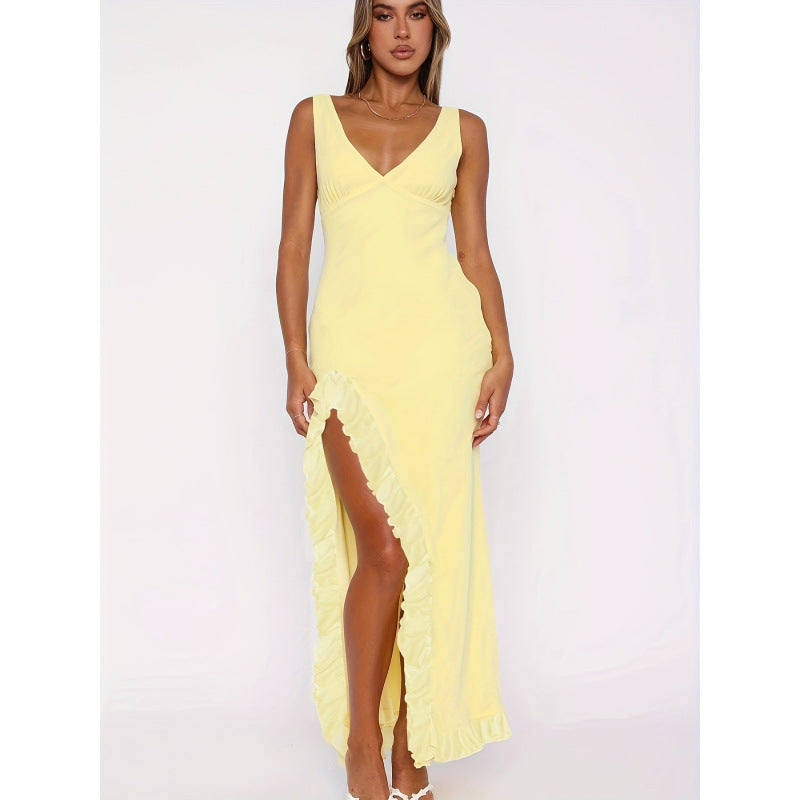 Damen Maxikleid mit voluminösen Rüschendetails und tiefem Schlitz R&B