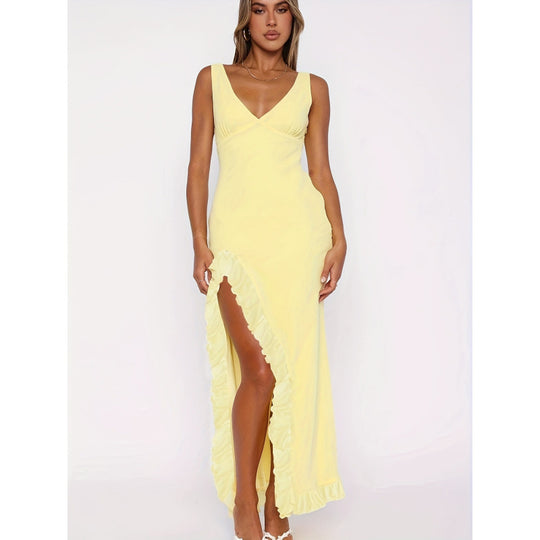 Damen Maxikleid mit voluminösen Rüschendetails und tiefem Schlitz R&B