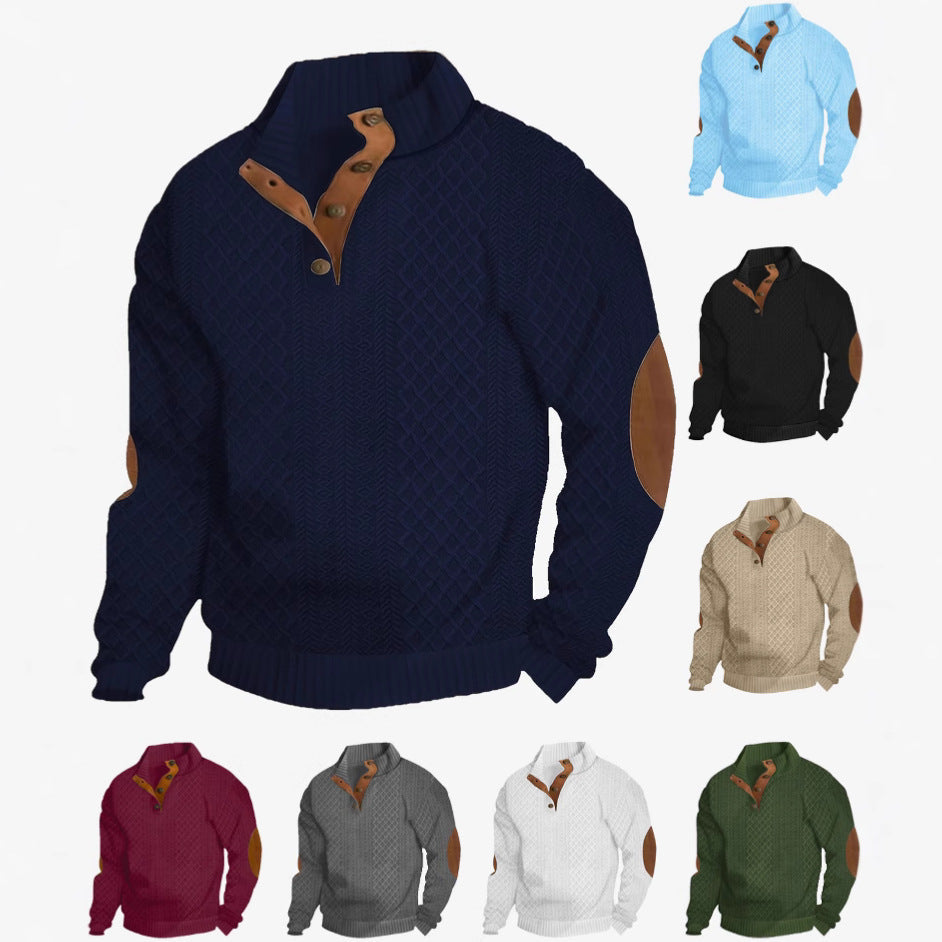 Herren nan Grobgestrickter Pullover mit Ellbogenpatches, Stehkragen und Knopfleiste R&B
