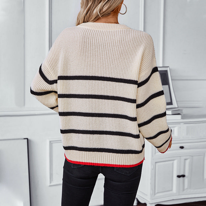 Damen klassischer Strickpullover mit maritimen Streifenmuster und weitem Schnitt R&B