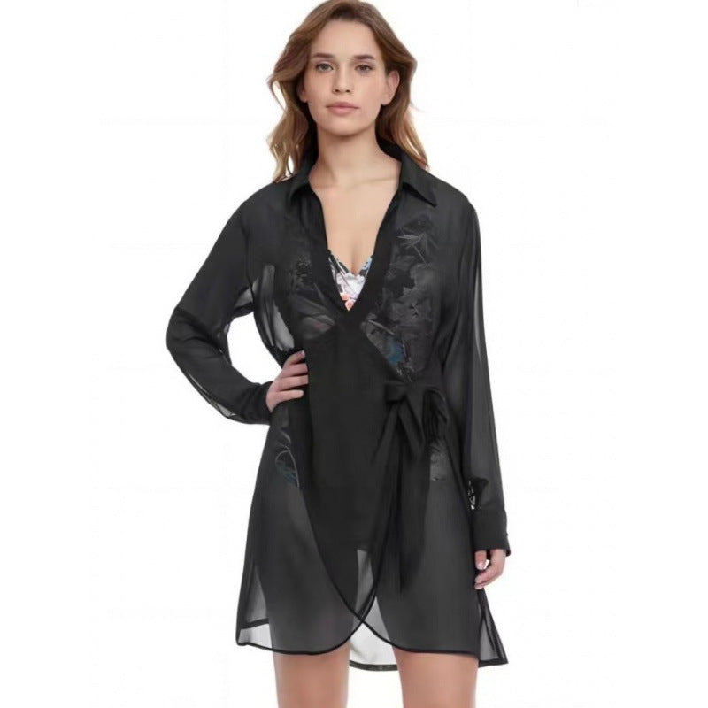 Damen Strandüberwurf mit elegantem Wickeldetail und transparentem Stoff R&B