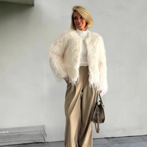 Damen Modische Kunstpelzjacke mit voluminösen Ärmeln R&B