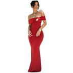 Damen Elegantes Offshoulder Maxikleid mit dekorativem Gold-Detail R&B