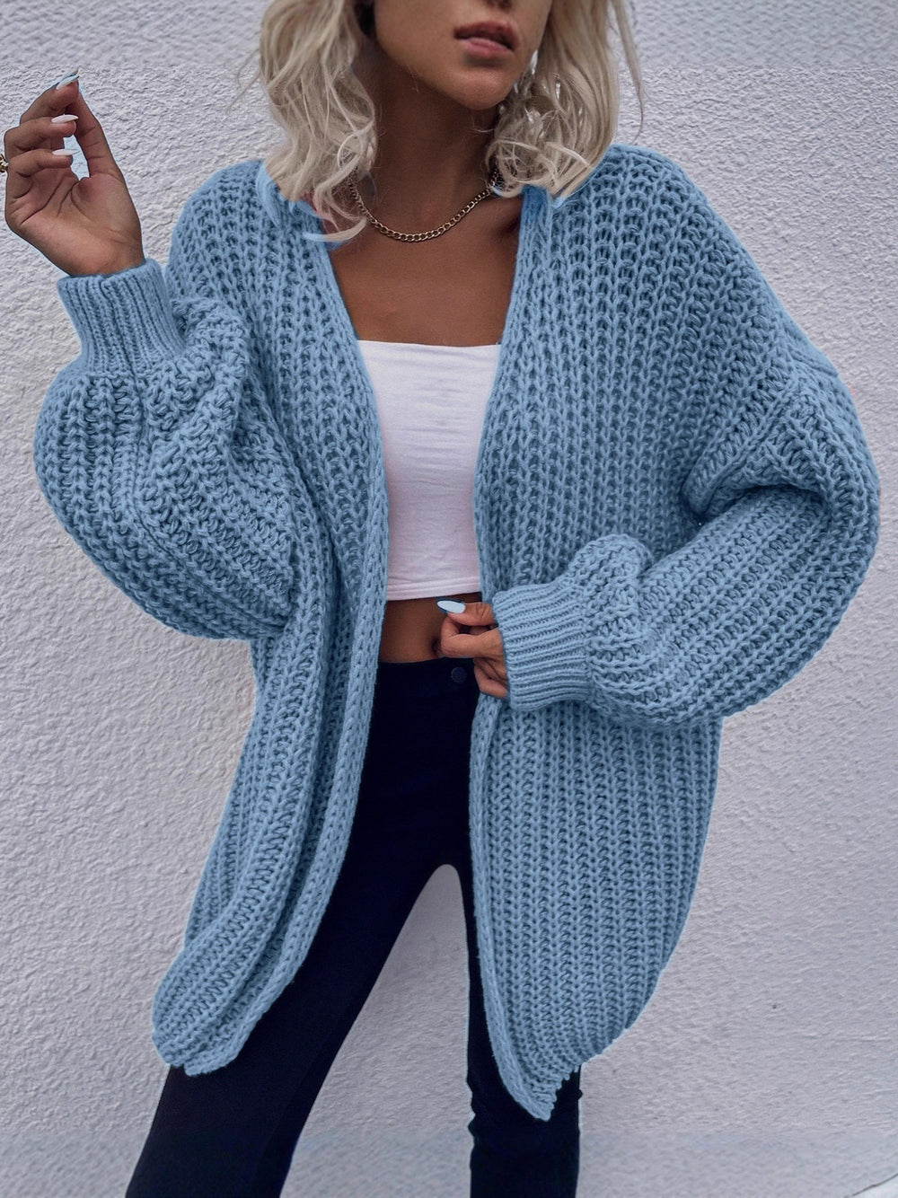 Damen lässiger Grobstrick-Cardigan mit tiefen Taschen und voluminösen Ärmeln R&B