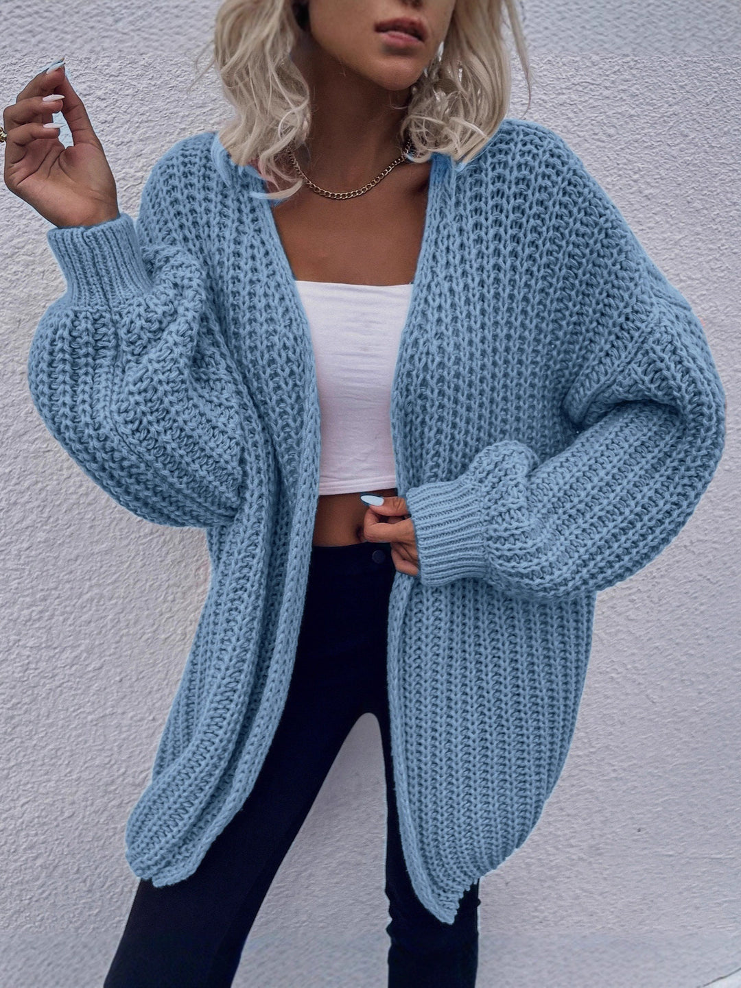 Damen lässiger Grobstrick-Cardigan mit tiefen Taschen und voluminösen Ärmeln R&B