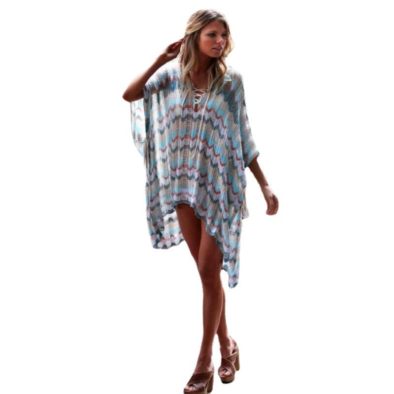 Damen lässiger Strandkimono im Wellenmuster mit offenen Ärmeln und seitlichen Schlitzen R&B