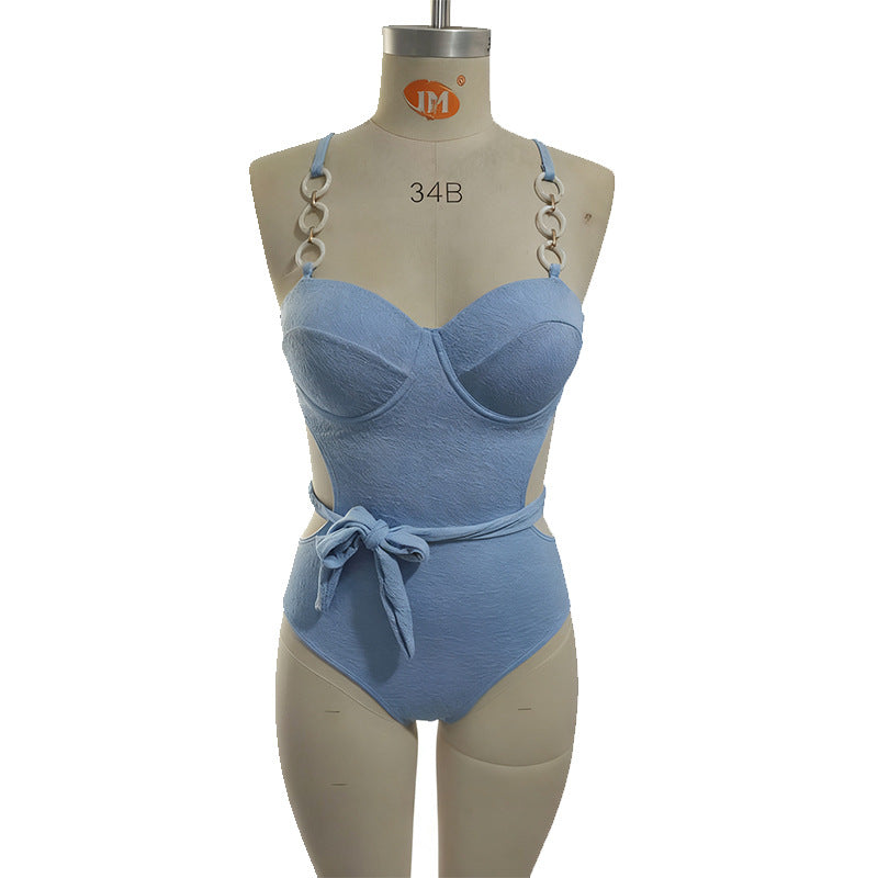 Damen eleganter Badeanzug mit strukturierter Oberfläche und praktischer Schleife R&B