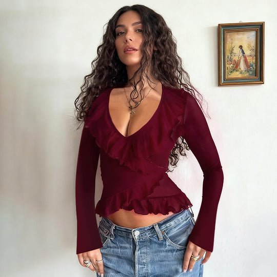 Damen lässiges Wickeloberteil mit Rüschendetails und V-Ausschnitt R&B