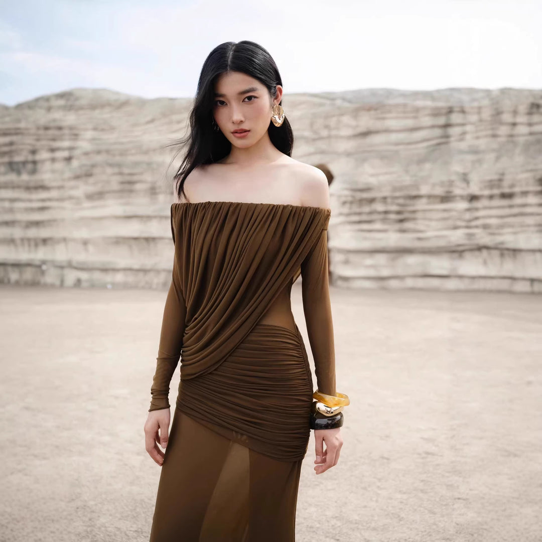 Damen Langarm Maxikleid mit Drapier-Design und schulterfreiem Ausschnitt R&B