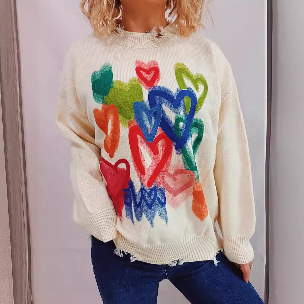 Damen Freizeitpullover mit buntem Herzmotiv und lässigem Schnitt R&B