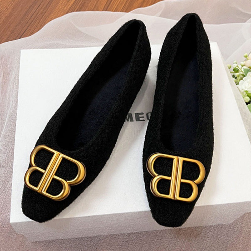 Damen modische Ballerinas aus filzartigem Material mit elegantem Schmuckdetail R&B