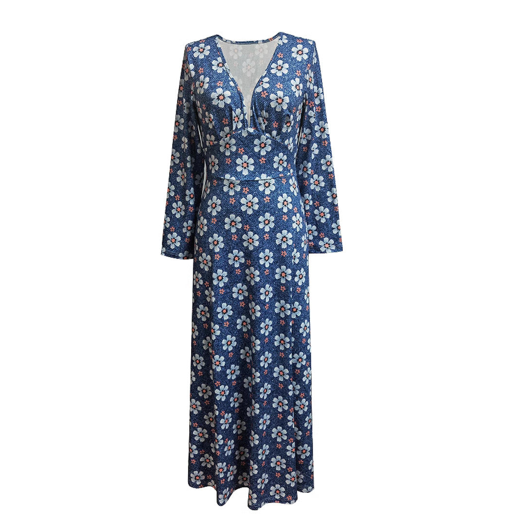 Damen Maxikleid mit tiefem V-Ausschnitt und floralen Motiven R&B