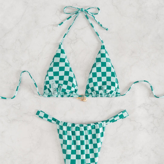 Damen Triangel-Bikini mit modernem Karodesign und verstellbaren Bändern R&B