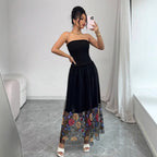 Damen Off-Shoulder Maxikleid mit floralem Stickereinsatz und transparenter Schätzung R&B