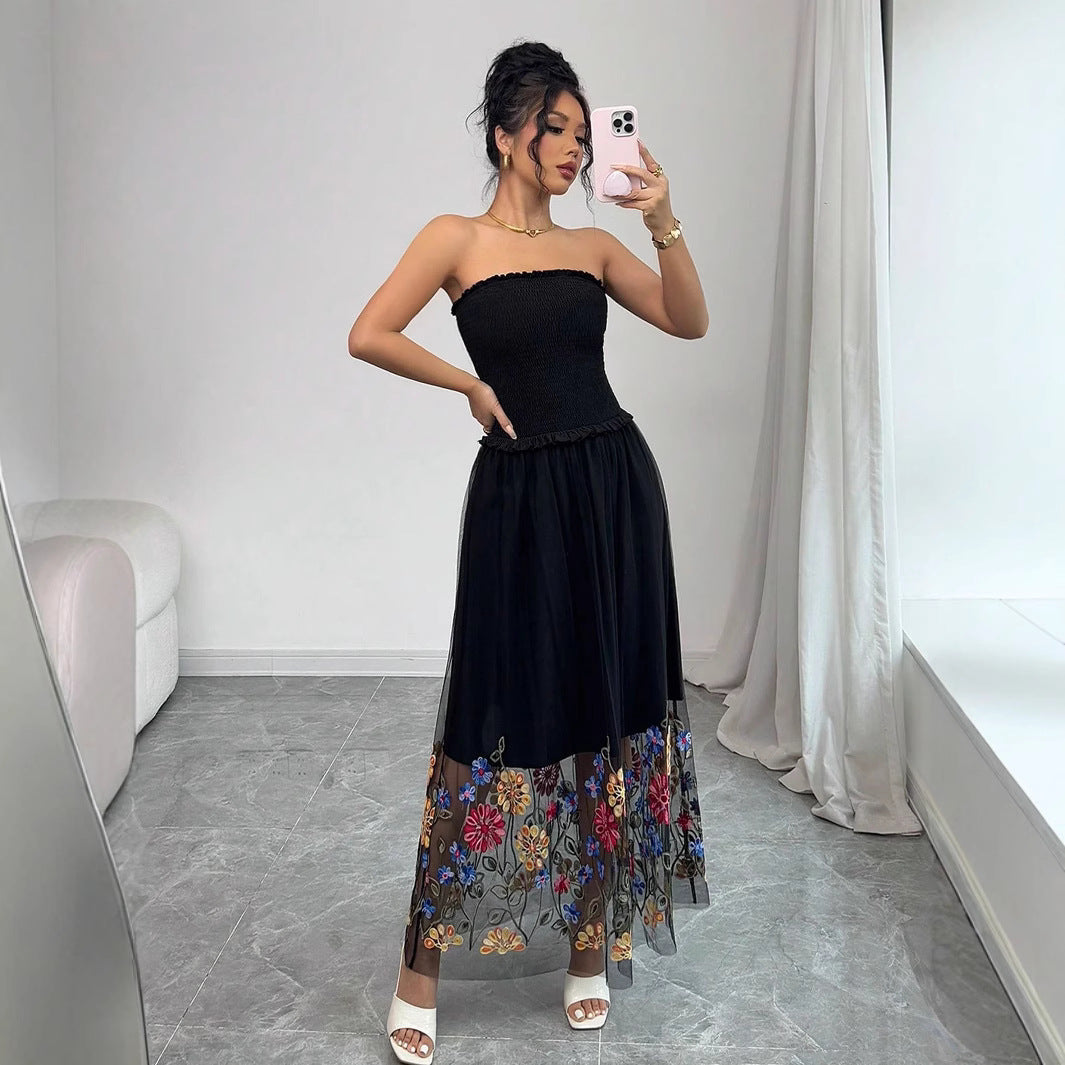 Damen Off-Shoulder Maxikleid mit floralem Stickereinsatz und transparenter Schätzung R&B