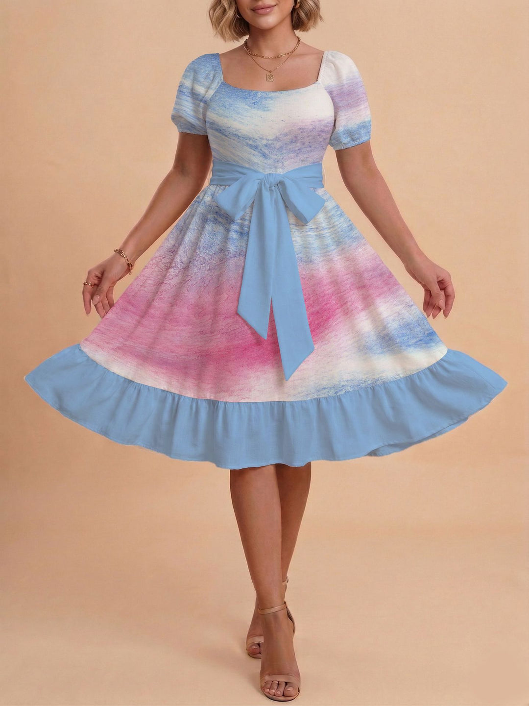 Damen Retro Maxikleid mit Puffärmeln und Taillengürtel R&B