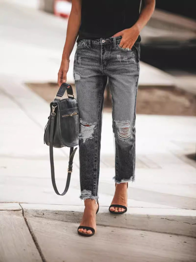 Damen Ripped Denim mit lässigem Schnitt und ausgefranstem Saum R&B