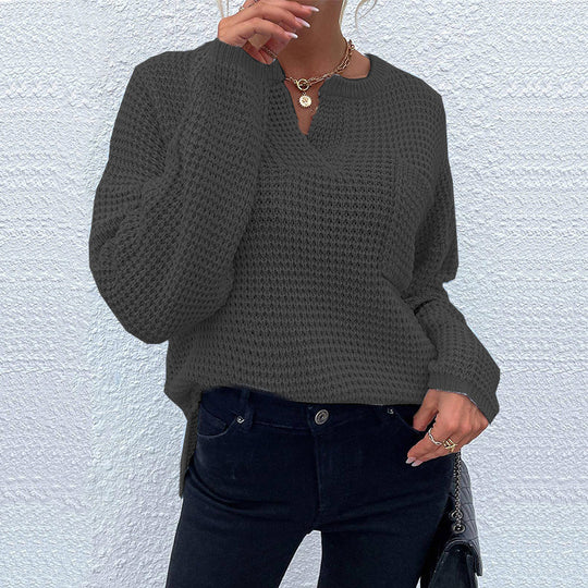 Damen lässiger Strickpullover mit V-Ausschnitt und strukturierter Oberfläche R&B