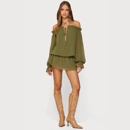 Damen Off-Shoulder Kleid mit voluminösen Puffärmeln und Rüschensaum R&B