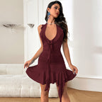 Damen Neckholder Kleid mit asymmetrischem Saum und Rüschendetails R&B