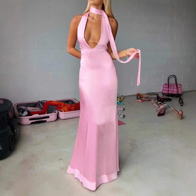 Damen Elegantes Maxikleid mit tiefem V-Ausschnitt und schmalem Bindegürtel R&B