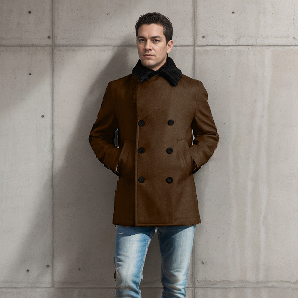 Herren modischer Doppelreihen-Wollmantel mit Teddyfellkragen R&B