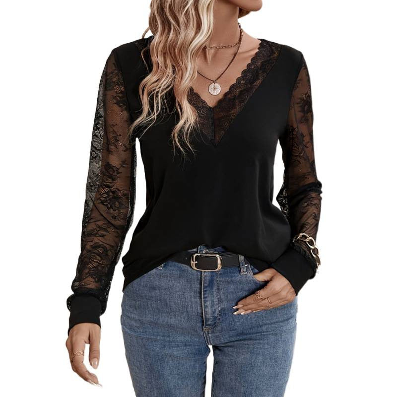 Damen Elegantes Oberteil mit transparenten Spitzenärmeln und tiefem V-Ausschnitt R&B
