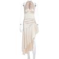 Damen elegantes Wickelkleid mit asymmetrischem Schnitt und Halterhals R&B